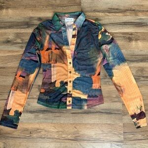 Acoa Y2K Multicolor Button Down Sheer Mesh Women’s Long Sleeve Small